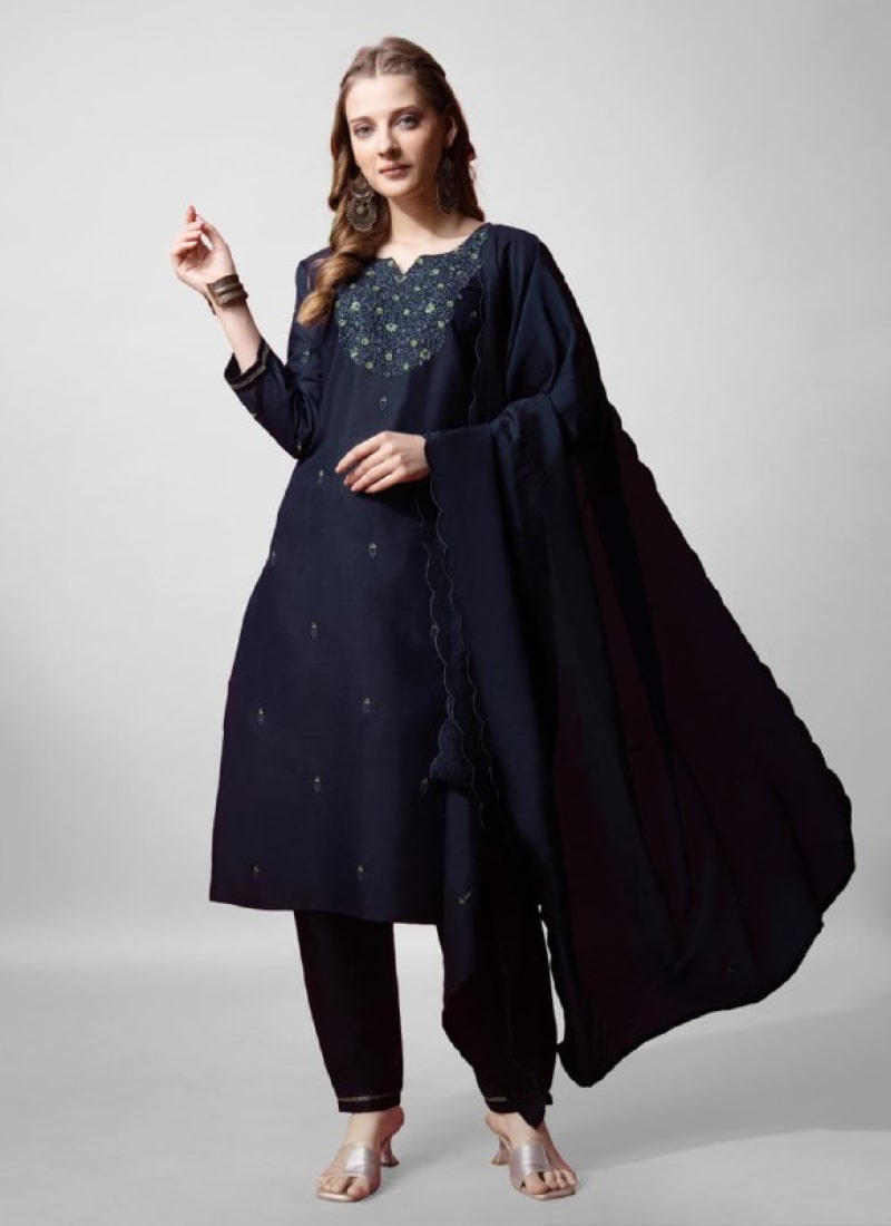 Navy Blue Cotton Salwar Suit With Embroidery Work