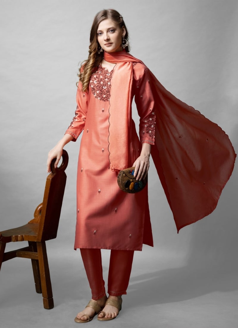 Peach Cotton Salwar Suit With Embroidery Work