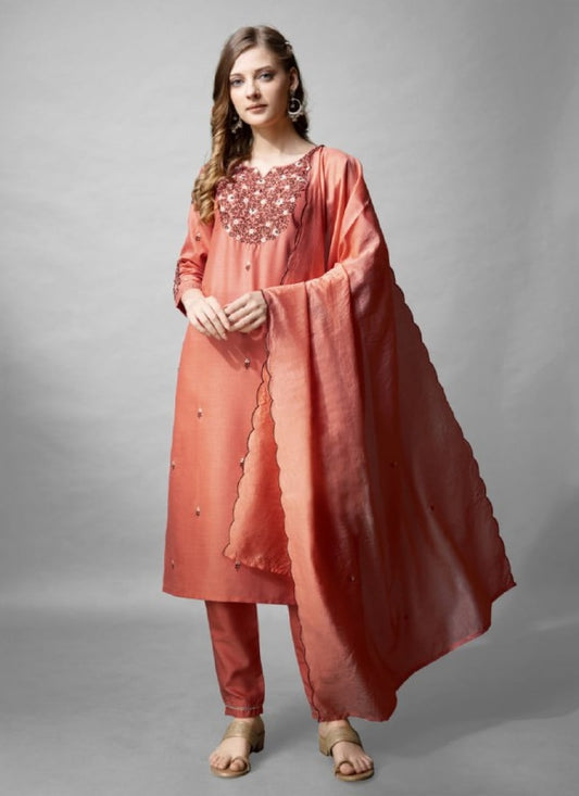 Peach Cotton Salwar Suit With Embroidery Work
