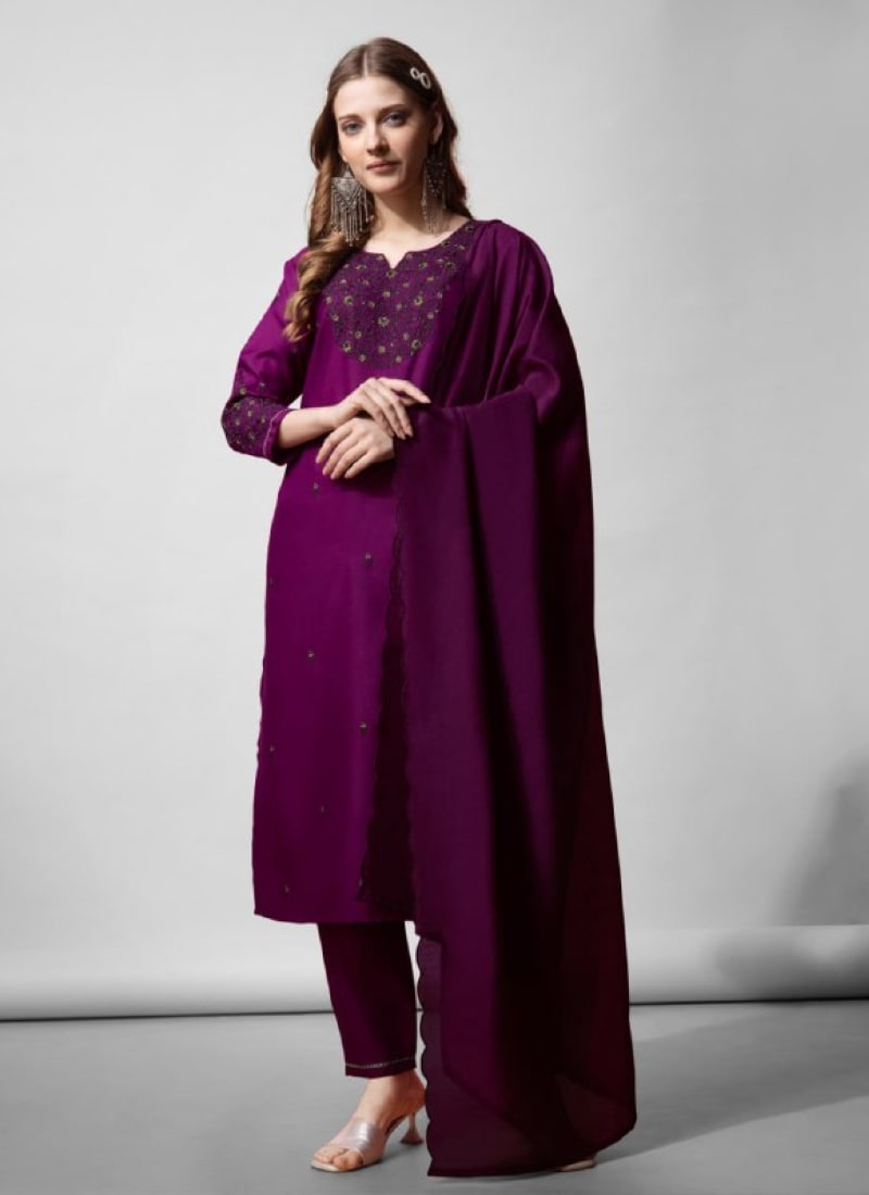 Purple Cotton Salwar Suit With Embroidery Work