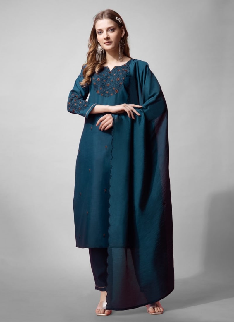 Teal Blue Cotton Salwar Suit With Embroidery Work