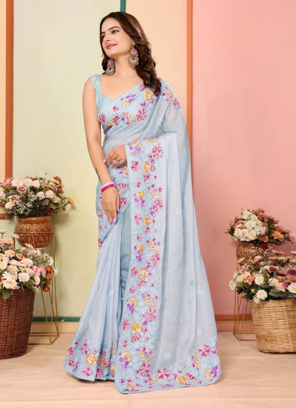 Sky Blue Silk Heavy Border Saree Saree