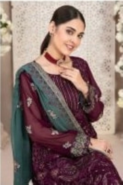 Wine Pakistani Salwar Suit With Embroidery Work