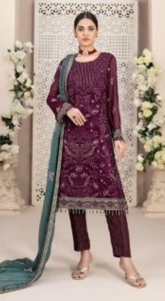 Wine Pakistani Salwar Suit With Embroidery Work