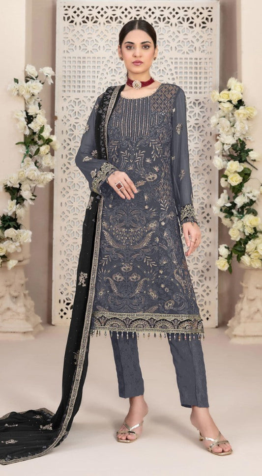 Grey Pakistani Salwar Suit With Embroidery Work
