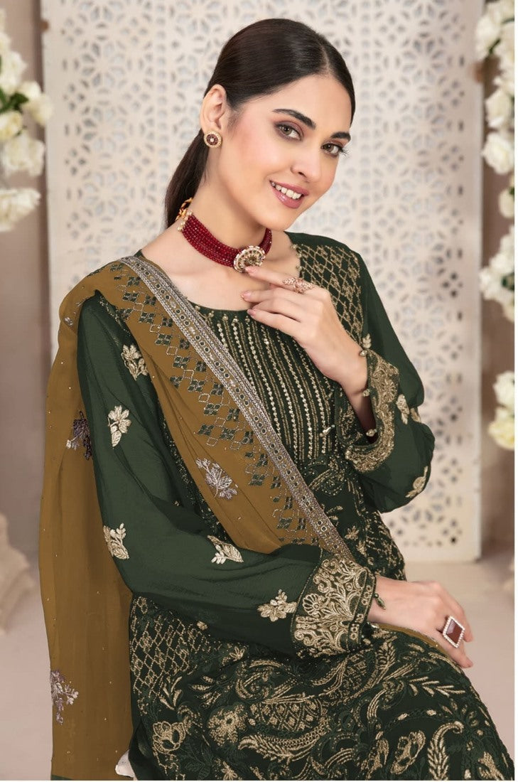 Green Pakistani Salwar Suit With Embroidery Work