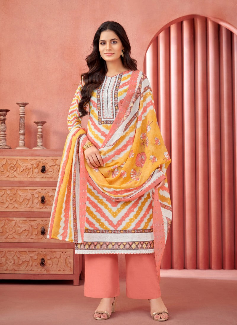 Peach Cotton Salwar Suit With Embroidery Work