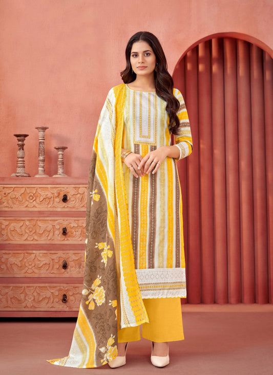 Yellow Cotton Salwar Suit With Embroidery Work