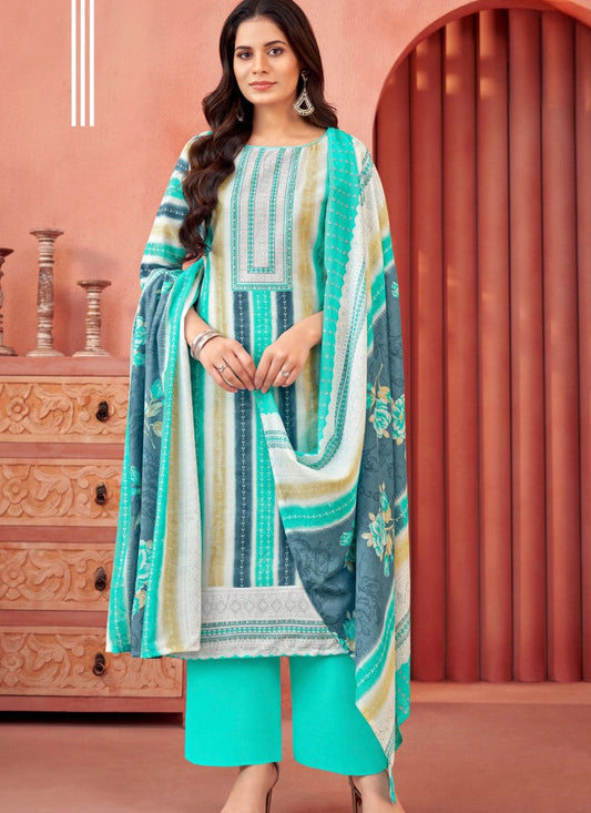 Mint Cotton Salwar Suit With Embroidery Work