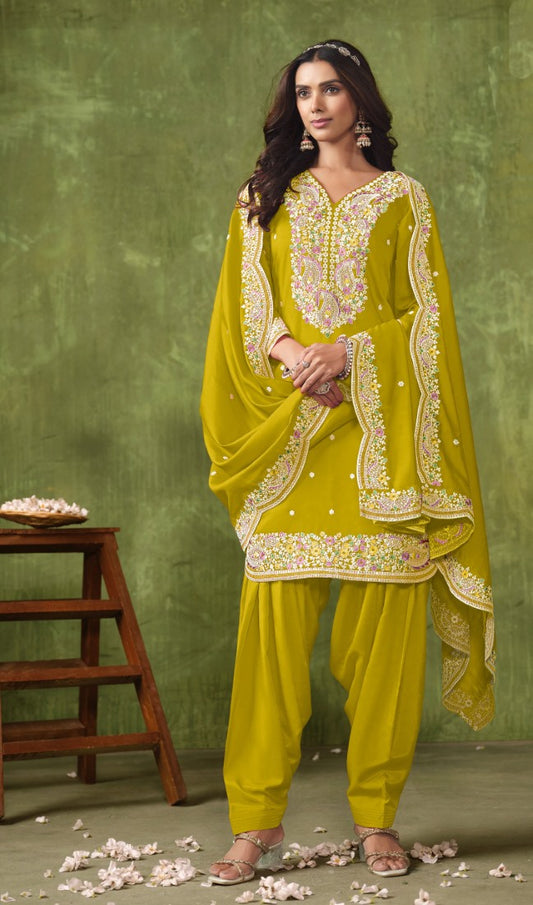 Yellow Silk Patiala Suit With Embroidered Work
