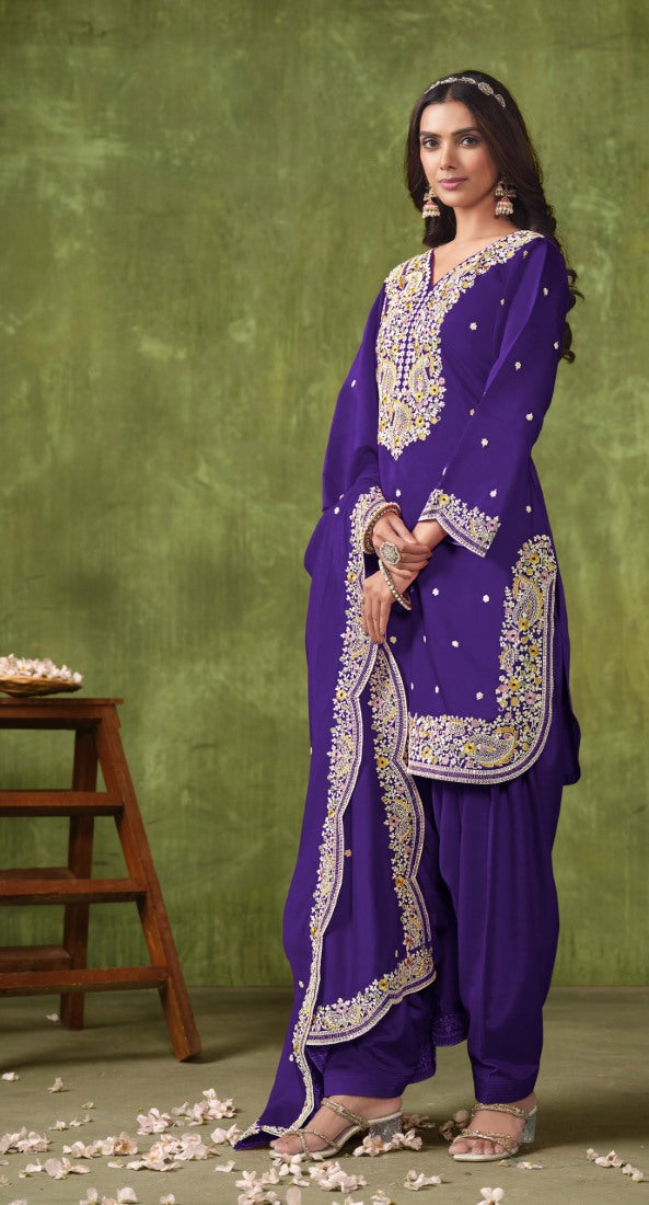 Blue Silk Patiala Suit With Embroidered Work