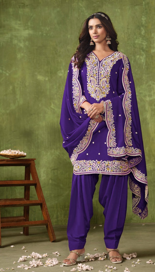 Blue Silk Patiala Suit With Embroidered Work