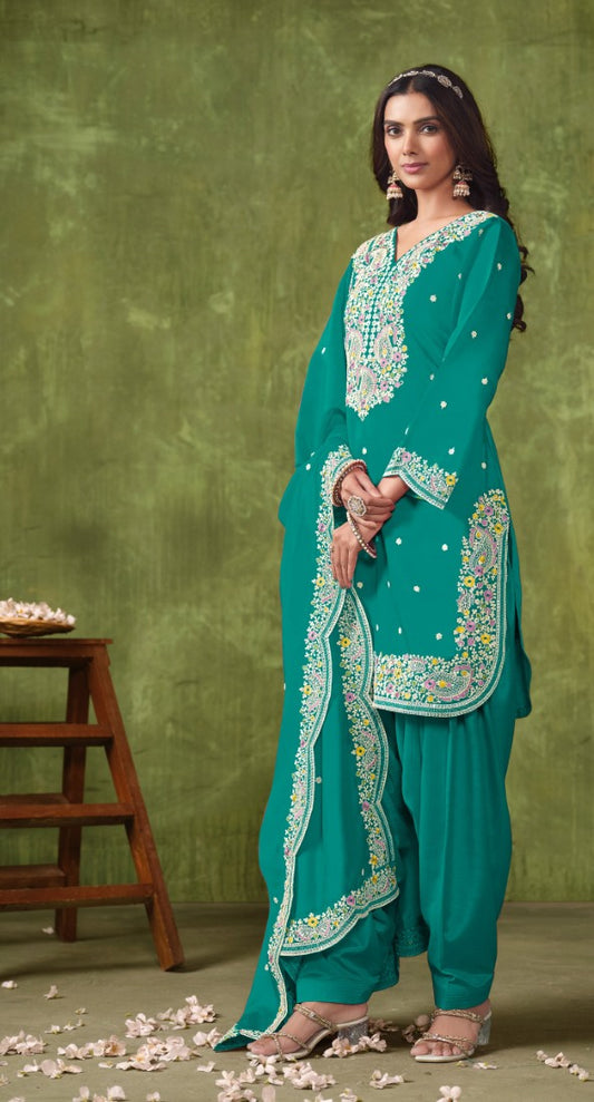 Sea Green Silk Patiala Suit With Embroidered Work
