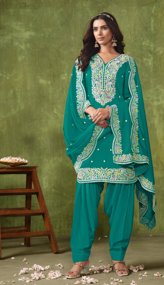 Sea Green Silk Patiala Suit With Embroidered Work