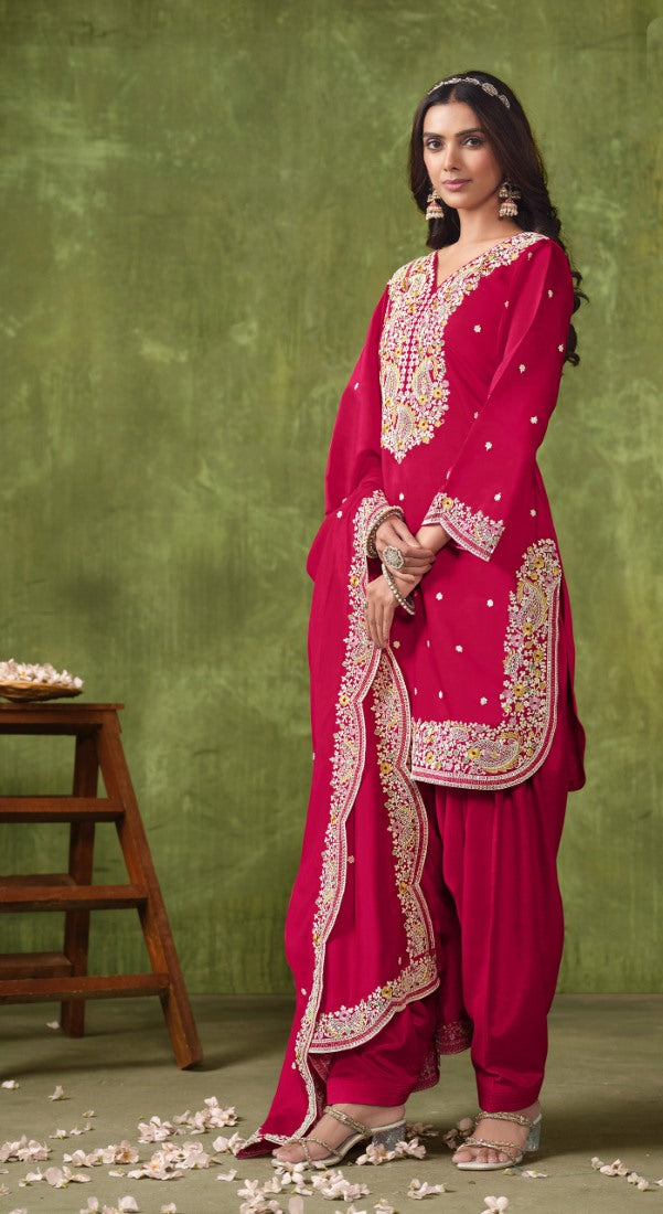 Maroon Silk Patiala Suit With Embroidered Work