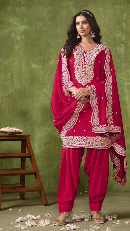 Maroon Silk Patiala Suit With Embroidered Work