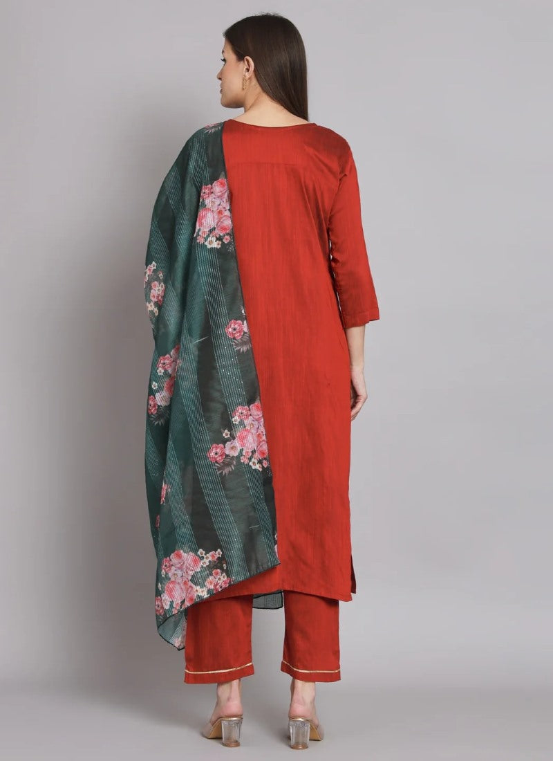 Red Silk Salwar Suit With Embroidery Work