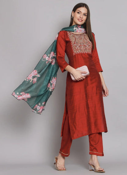 Maroon Silk Salwar Suit With Embroidery Work