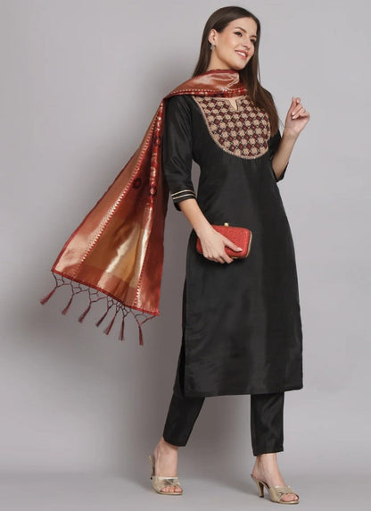 Black Silk Salwar Suit With Embroidery Work