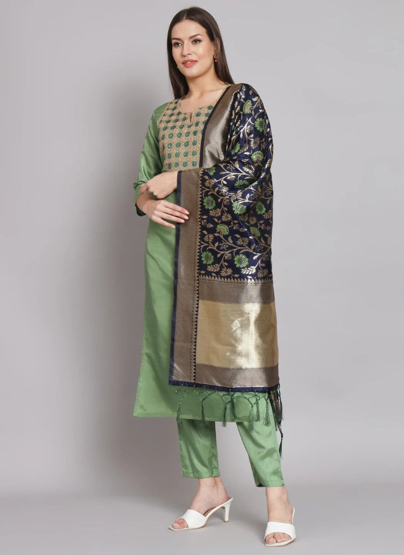 Pista Green Silk Salwar Suit With Embroidery Work