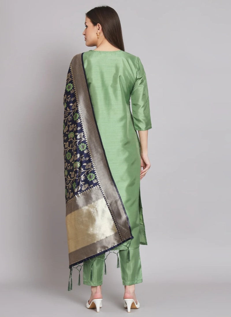 Pista Green Silk Salwar Suit With Embroidery Work