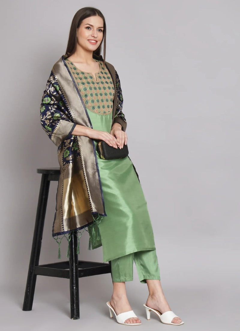 Pista Green Silk Salwar Suit With Embroidery Work