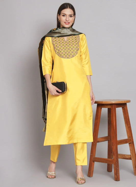 Yellow Silk Salwar Suit With Embroidery Work