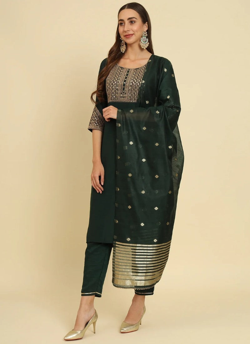 Green Silk Salwar Suit With Embroidery Work