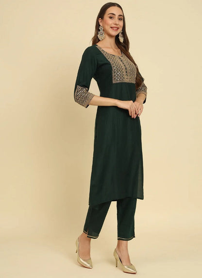 Green Silk Salwar Suit With Embroidery Work