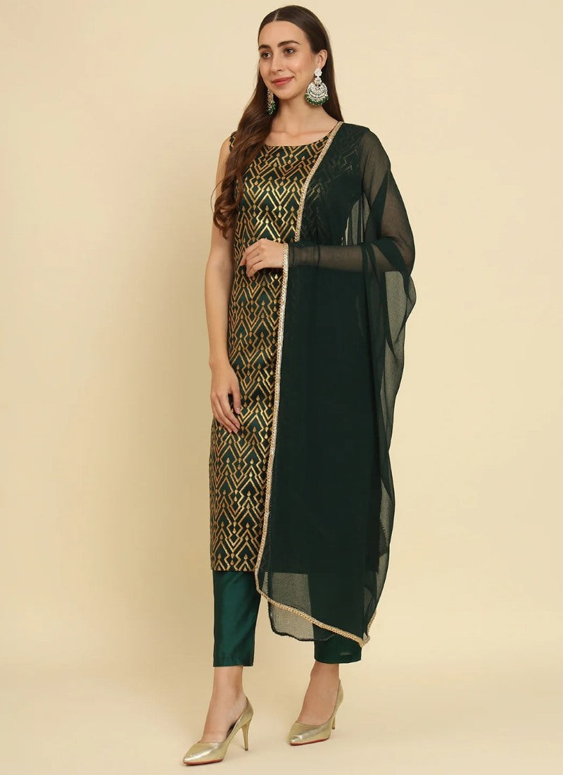 Green Silk Salwar Suit With Embroidery Work