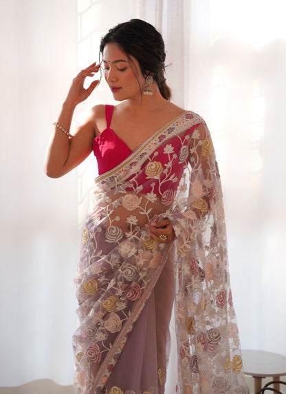 Lavender  Butterfly Net Saree