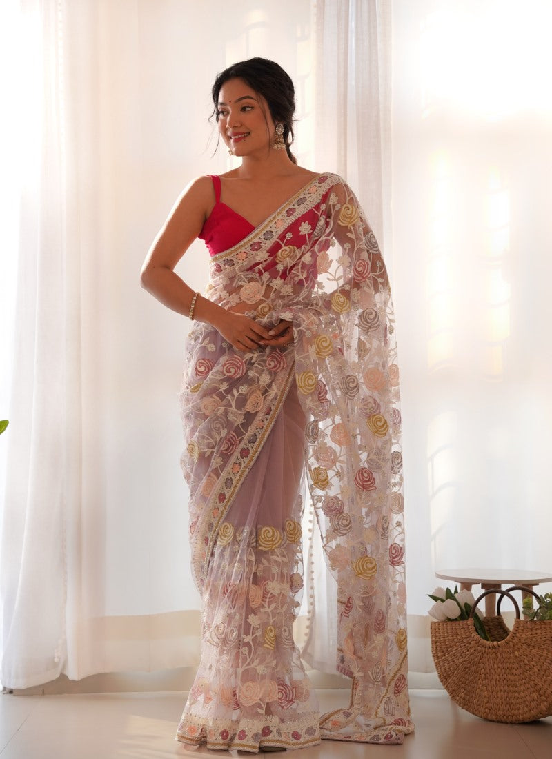 Lavender  Butterfly Net Saree