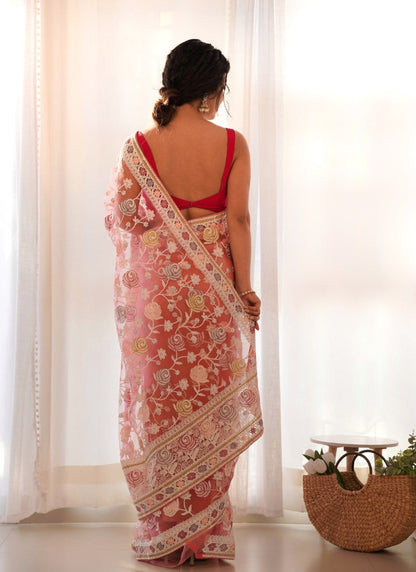 Pink Butterfly Net Saree