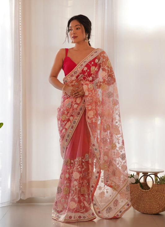 Pink Butterfly Net Saree