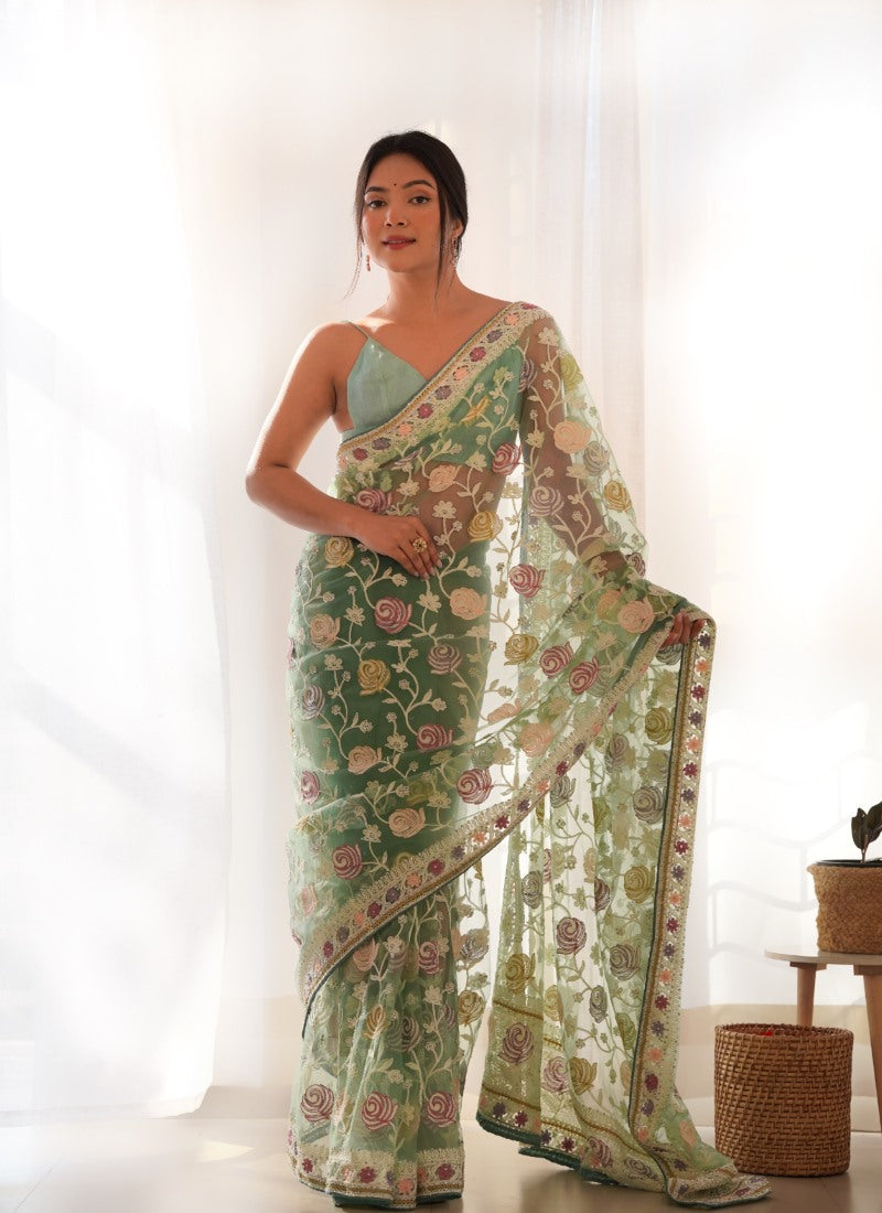 Pista Butterfly Net Saree