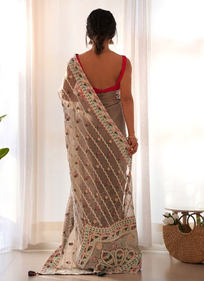 Beige Butterfly Net Saree