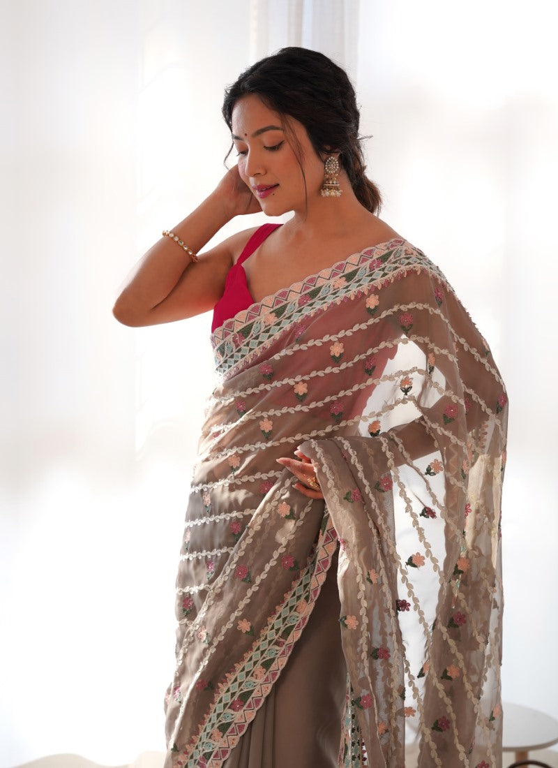 Beige Butterfly Net Saree