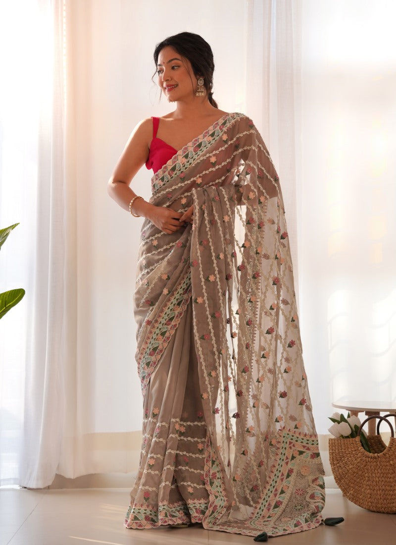 Beige Butterfly Net Saree