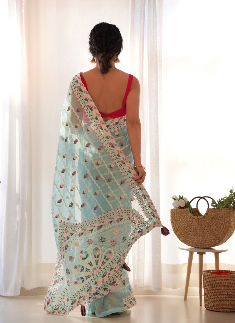 Sky Blue Butterfly Net Saree