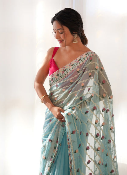 Sky Blue Butterfly Net Saree