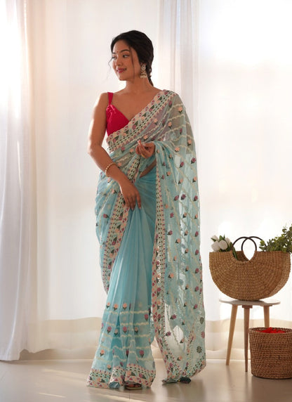 Sky Blue Butterfly Net Saree