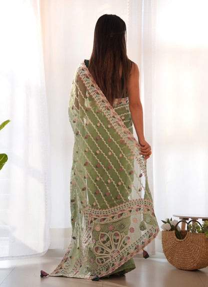 Sea Green Butterfly Net Saree