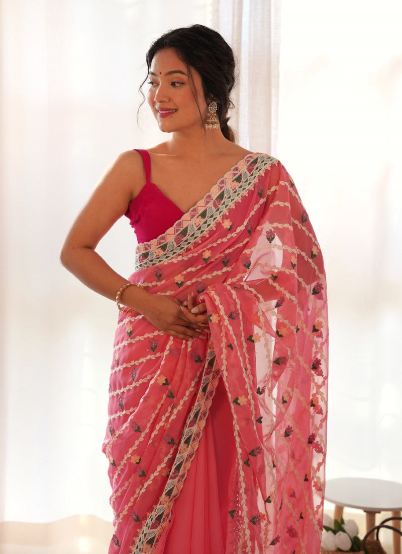 Pink Butterfly Net Saree