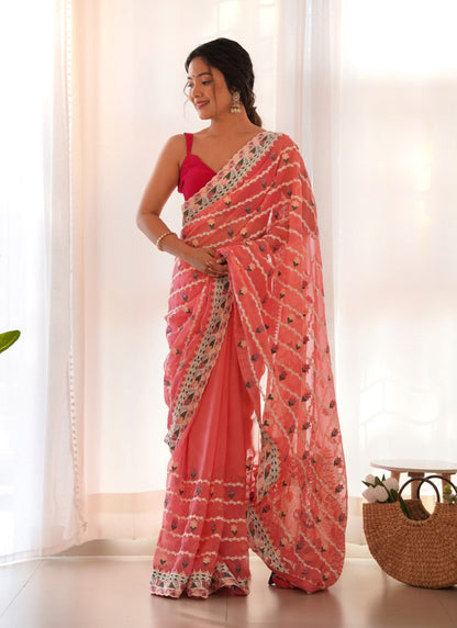 Pink Butterfly Net Saree