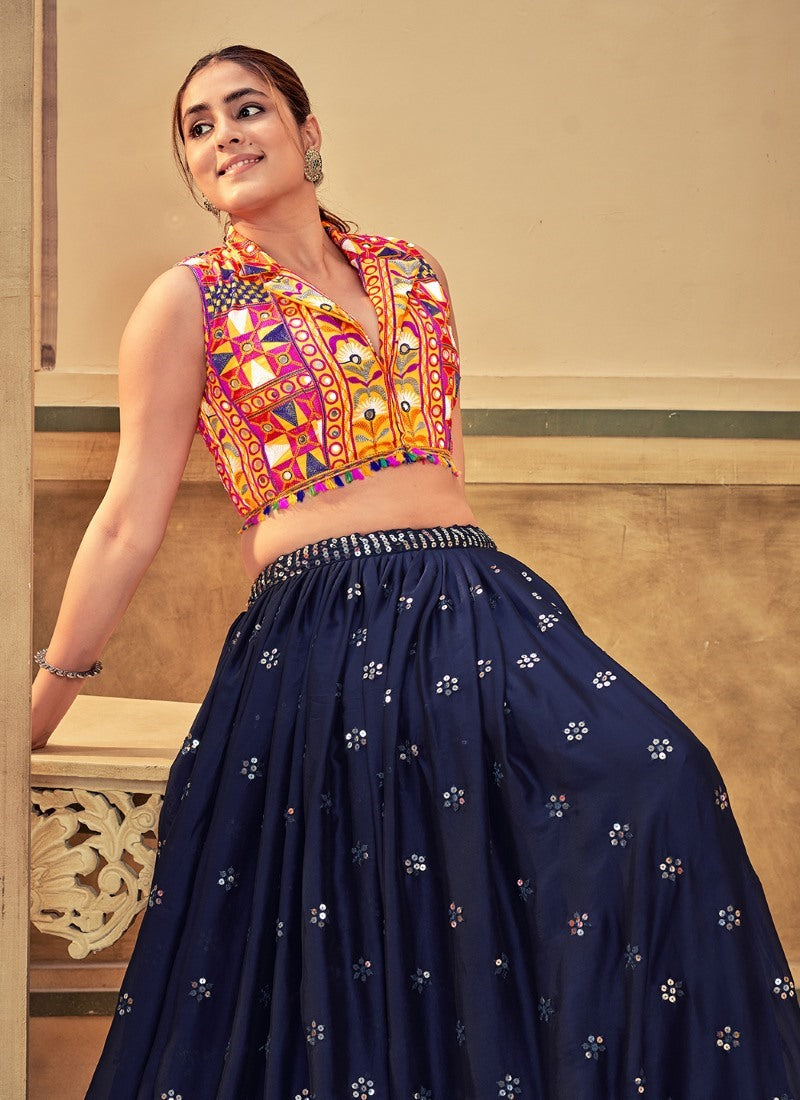 Navy Blue Navratri Lehenga Choli with Embroidery Work