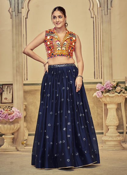 Navy Blue Navratri Lehenga Choli with Embroidery Work