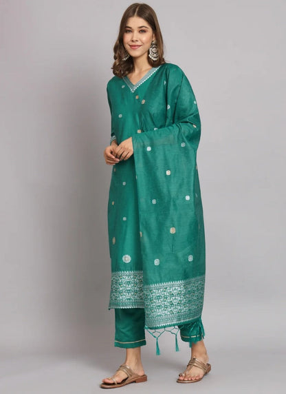 Green Silk Salwar Suit With Embroidery Work