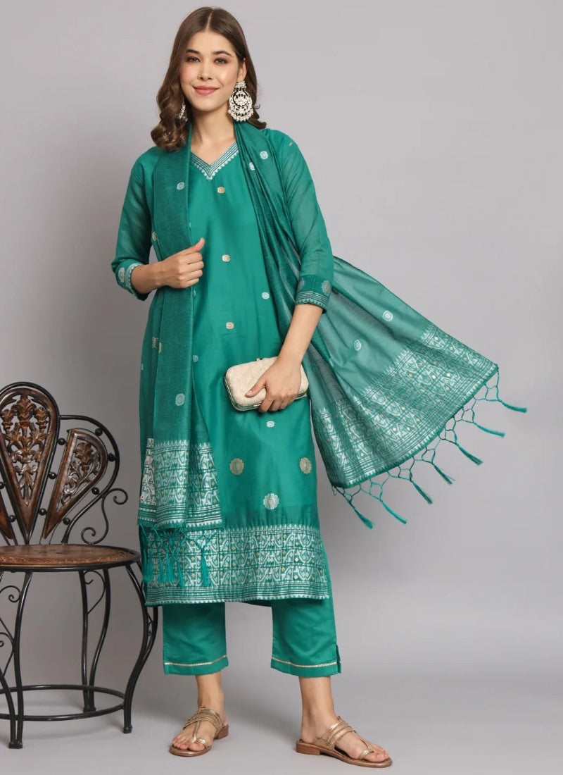 Green Silk Salwar Suit With Embroidery Work