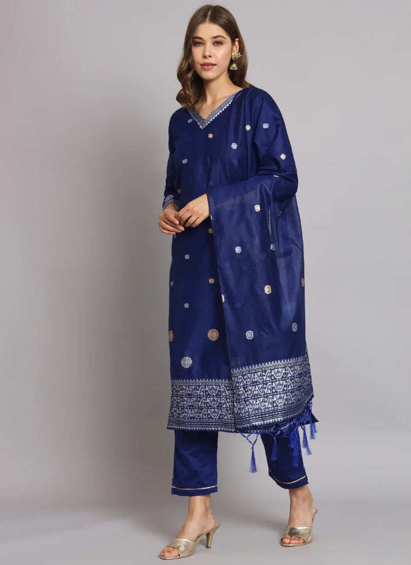 Royal Blue Silk Salwar Suit With Embroidery Work