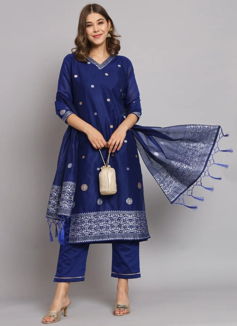 Royal Blue Silk Salwar Suit With Embroidery Work